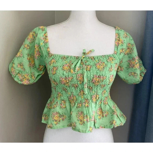 NWT Urban Outfitters Shirt Smocked Poof Sleeve Linen Green Pink Floral S New - Picture 1 of 4